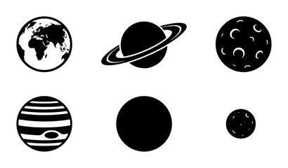 Minimalist planet icon set, black and white solar system vector collection, celestial body silhouettes for science and space education graphics © Farzana