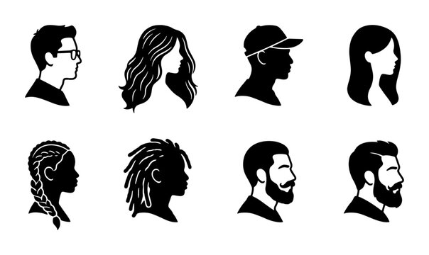 Minimalist profile silhouette icons, diverse human head side view avatars, set of 8 black and white vector portraits for user interface and social media