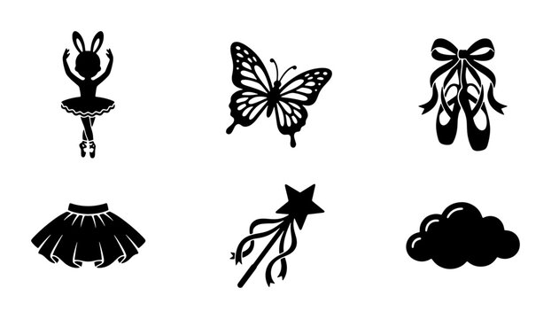 Ballerina silhouette icons set, ballet dancer and butterfly vector elements, black tutu and pointe shoes collection for dance studio branding