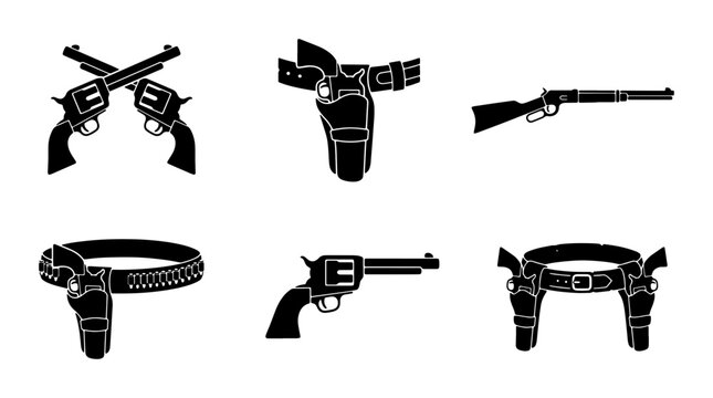 Wild West vintage revolver and rifle vector icons, 6 cowboy gun and holster silhouettes, antique western firearm weapon collection, black pistol and belt graphics