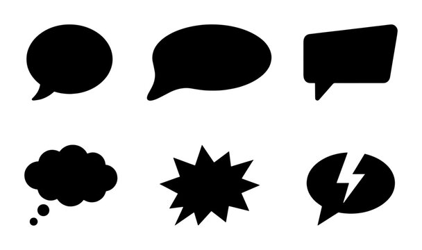 Minimalist speech bubble icons set, black talk cloud silhouettes, comic thought bubbles and shout boxes, 6 vector communication symbols