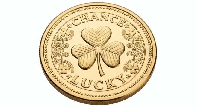 A golden coin with a four-leaf clover and the words 'Good Chance' and 'Lucky' engraved on it