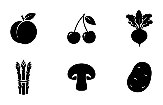 Minimalist black fruit and vegetable icons, set of 6 flat food vector symbols, peach cherry beet asparagus mushroom and potato graphics for menus