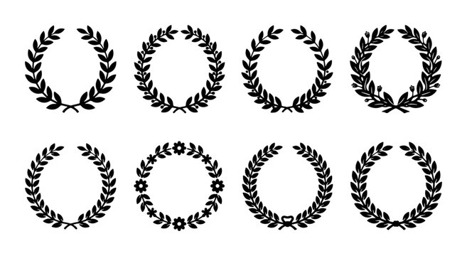 Vintage laurel wreath collection, 8 black heraldic olive branch icons, classic victory and award symbols for logo design and certificate decoration