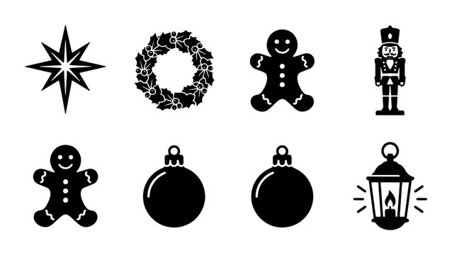 Christmas black silhouette icons set, winter holiday vector symbols including gingerbread man and nutcracker, festive wreath and bauble ornaments
