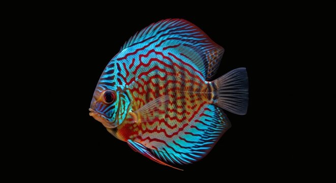A vibrant discus fish with striking blue and red patterns swims against a black background