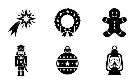 Christmas icon set with 6 black silhouettes, festive holiday symbols including nutcracker and gingerbread man, winter celebration vector elements