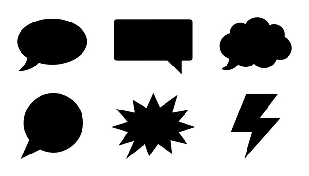 Minimalist black speech bubble icons set, comic book chat clouds and thought balloons, 6 vector communication symbols for web and mobile apps