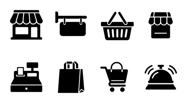 Black shopping icon set, 8 retail store vector elements, minimalist e-commerce symbols for business apps, solid glyph icons for marketing