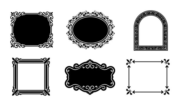 Vintage ornate frame collection, 6 black decorative border vectors, antique filigree mirror frames, elegant baroque labels for wedding invitations