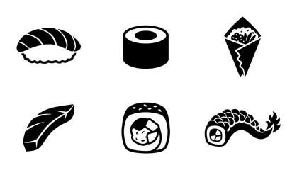 Japanese sushi icon set, black and white vector illustrations of nigiri and maki rolls, 6 minimalist seafood restaurant menu elements © Farzana