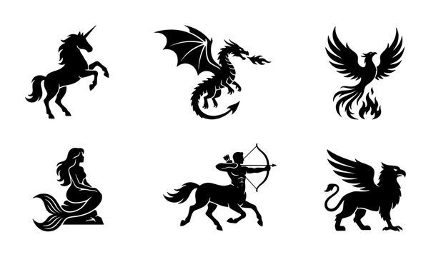 Mythical creatures silhouette set, 6 fantasy beast icons including dragon and unicorn, black heraldic monsters and legendary animals vector collection