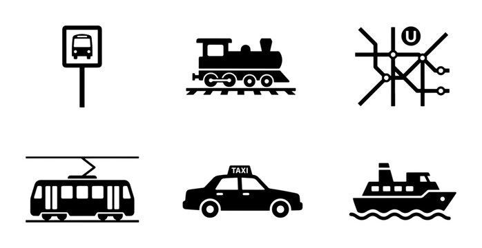 Public transportation icons set, black silhouette travel symbols, 6 vector elements including bus stop, train, subway map, tram, taxi and ferry