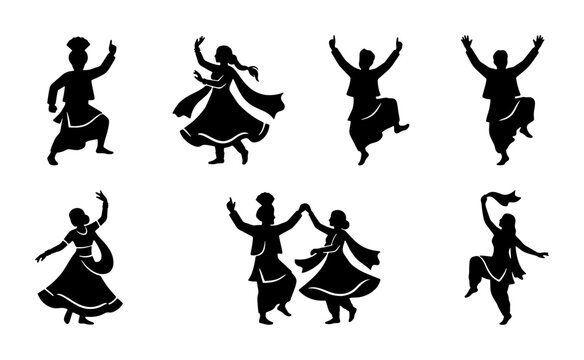 Bhangra dance silhouettes set, traditional Punjabi folk dancers in ethnic costumes, Indian cultural celebration vector icons for Vaisakhi festival