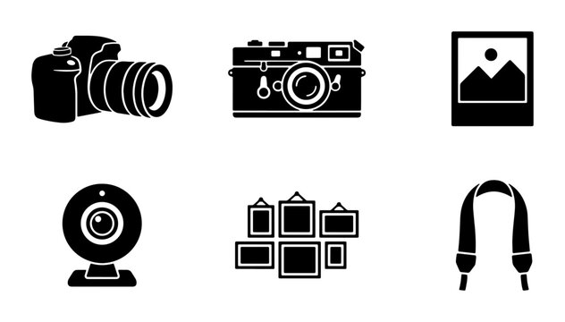 Photography icon set with digital SLR camera, vintage film camera and webcam. Professional photo equipment vector icons, gallery frames and camera strap.