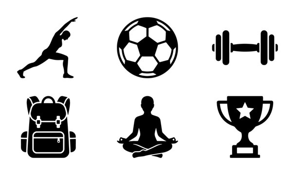 Minimalist sports and fitness icon set, black silhouette gym and wellness symbols, collection of 6 vector icons for athletic lifestyle and competition
