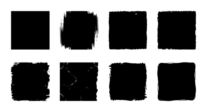 Grunge black ink square brush strokes, set of 8 distressed paint textures, hand drawn rough charcoal frames, vintage ink blot vector elements