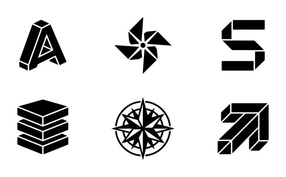 Geometric black logo icons set, minimalist abstract vector symbols, 6 modern branding elements including isometric letter A and compass rose