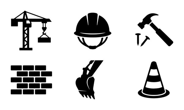 Construction icon set with 6 black vector elements, industrial building equipment symbols, heavy machinery and contractor tools for civil engineering projects