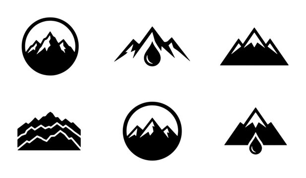 Minimalist mountain logo icons, black and white peak silhouettes, set of 6 vector mountain symbols for outdoor branding and adventure identity