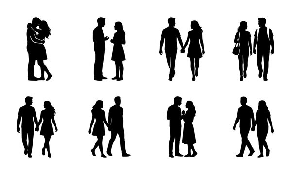 Romantic couple silhouettes set, black silhouettes of man and woman walking and hugging, 8 vector elements of people in love for wedding design