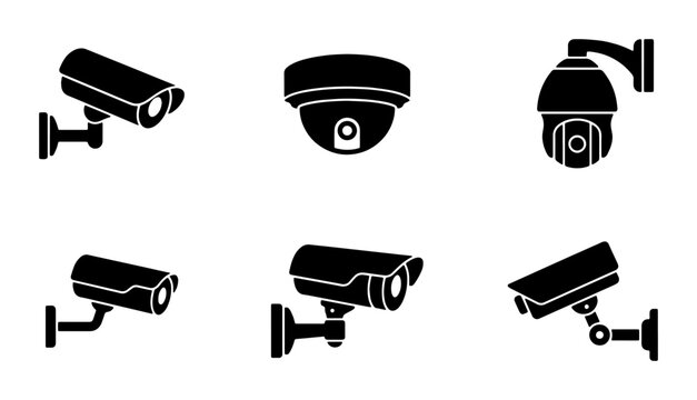 Security camera icon set with 6 black vector silhouettes, CCTV surveillance system symbols, professional monitoring and protection equipment graphics