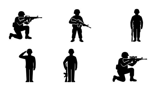 Military soldier silhouette set, army infantry figures with rifles and sniper gear, 6 black vector icons of armed forces personnel in combat poses
