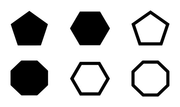 Geometric polygon shapes set, black pentagon hexagon and heptagon icons, 6 vector elements in solid and outline styles for graphic design