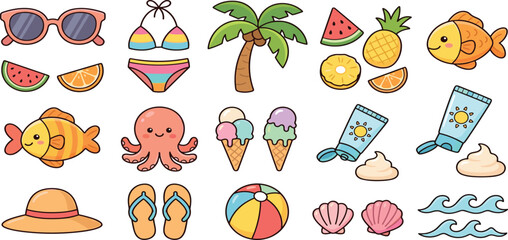 Summer beach vacation sticker set with cute octopus fish palm tree bikini sunglasses sunblock hat ice cream watermelon beach ball seashells and ocean waves vector illustration © MDRIFAT