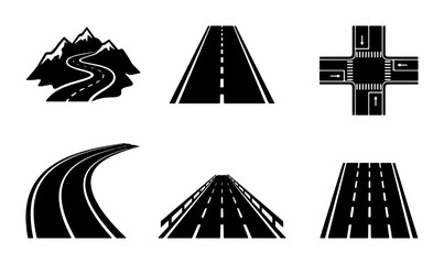 Road and highway icons set, black asphalt street symbols with mountain path and intersection, 6 vector elements for navigation and logistics © Ziaur