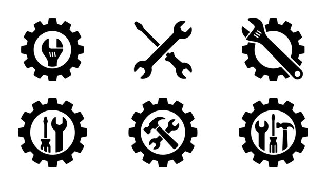 Industrial mechanical tool icons set, black gear and wrench vector symbols, repair service and maintenance equipment signs for construction and engineering