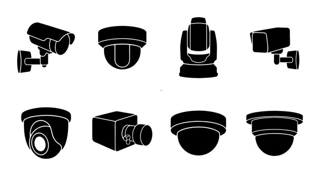 Security camera icon set, black silhouette CCTV surveillance equipment, 8 vector elements for monitoring and protection systems
