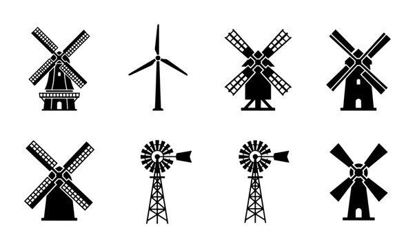 Black windmill silhouette icons set, traditional farm wind pump and modern turbine vector collection, 8 windmill symbols for agriculture and energy