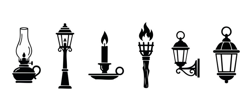 Vintage Light Source Icons Set: Oil Lamp, Street Lantern, Candle, Torch, Wall Sconce. Retro Lighting Collection for Historical Design, Classic Interior Decor, and Antique Vector Graphics Silhouette.