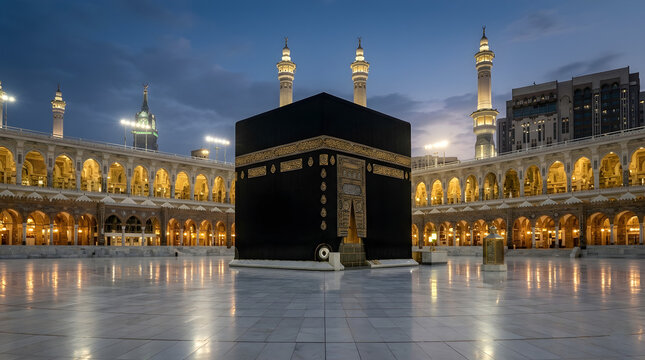 The Holy Kaaba at night in Masjid al-Haram, Mecca, Saudi Arabia. Illuminated Grand Mosque with minarets and clock tower under a deep blue dusk sky. Iconic Islamic sacred site and pilgrimage goal
