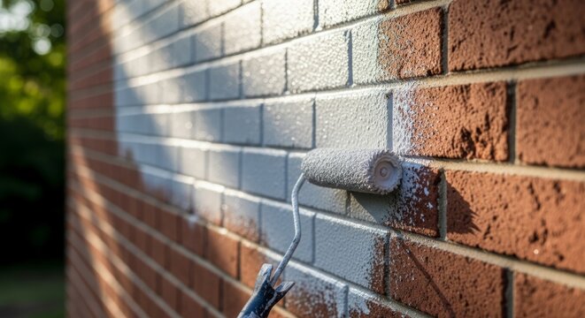 Painting brick wall with roller in morning light