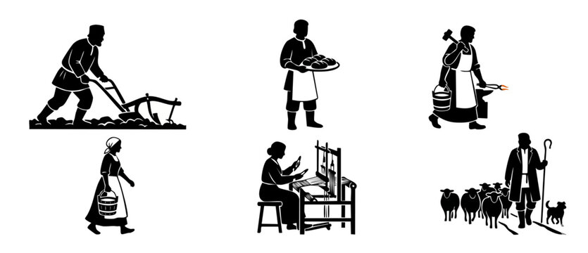 Traditional Rural Trades Silhouettes Set: Farming, Blacksmithing, Weaving and Herding - Vintage Historical Cultural Occupations Graphic Collection for Design Projects, Icons and Folk Life Illustration