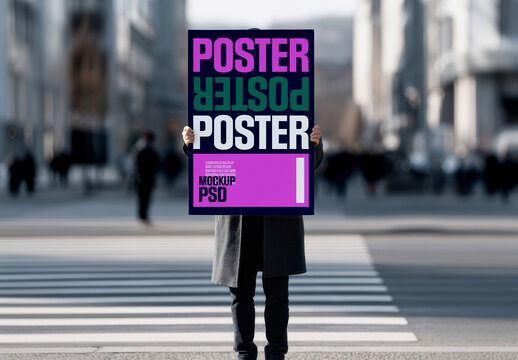 Person Holding Poster Mockup Template on City Crosswalk