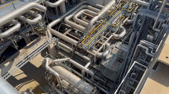 Panorama inside of the interior of a chemical plant or oil refinery. Pipeline structure, heavy equipment in process area. Steel tanks and boilers with cables, pipelines and valves for chemical mixing