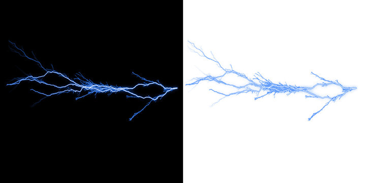 Electric blue lightning bolt split view showing dark and white backgrounds, energetic discharge effect isolated on a transparent background