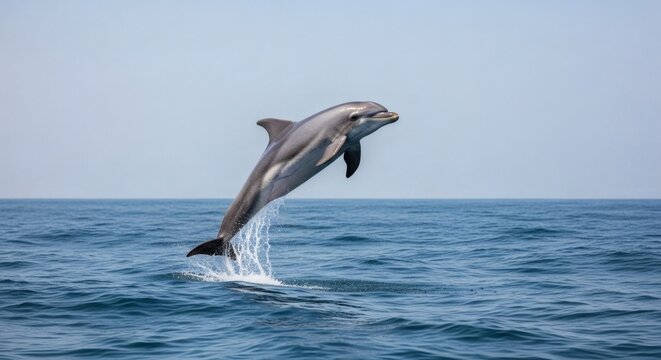 A dolphin jumping out of the ocean water with a clear blue sky in the background