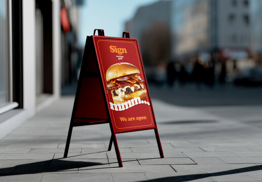 Outdoor Sidewalk A Frame Burger Sign Mockup Template