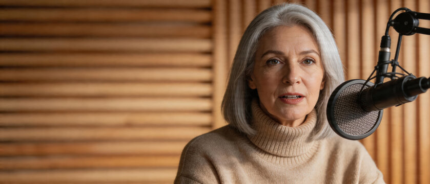 Mature woman broadcaster speaking into microphone in studio. Professional interviewer recording podcast or audio content. Influencer streaming show. Media production and communication concept.