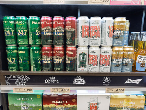 Argentina, El Calafate, March 05, 2026, Patagonia, can, 0,473 l, selection of craft beer varieties including 24.7, Amber Lager, Vera IPA and Lager del Sur on supermarket shelves.