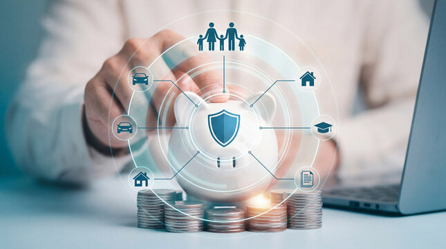 Person placing coin into piggy bank with insurance protection icons and financial planning concept