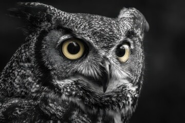Fototapeta premium Monochrome Owl Portrait: Close-Up of a Bird with Striking Yellow Eyes