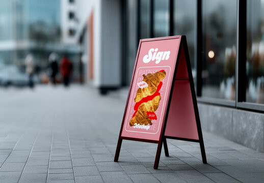 Outdoor Sidewalk A Frame Sign Mockup by Glass Building