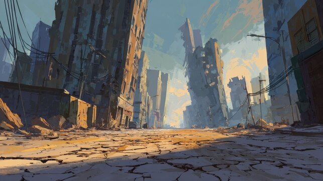 Moody urban disaster illustration: street cracks, leaning skyscrapers, and swirling dust