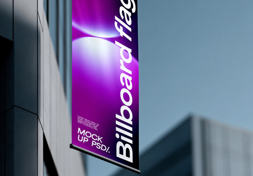 Hanging Vertical Billboard Flag Mockup Template on Office Building