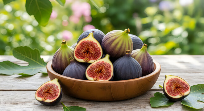 Fresh figs in a wooden bowl on a rustic table outdoors